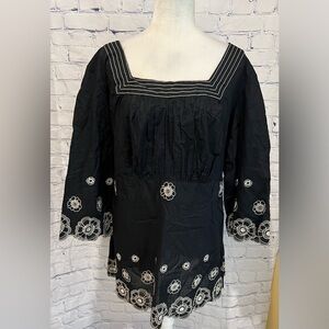 Venezia Cotton Black Floral Embroidered Lightweight Top Blouse Size 26/28
